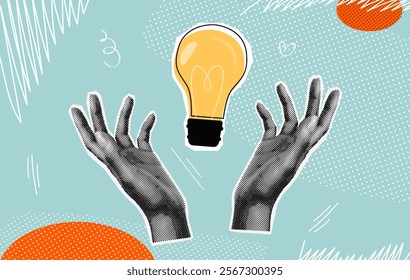 Idea halftone collage. Bulb light lamp in realistic hands paper vintage collage art , brain creative business think invention success solution concept design vector illustration original artwork