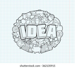 Idea - Hand Lettering and Doodles Elements Sketch on Exercise book  page in square Background.Vector illustration