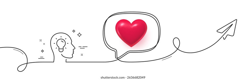 Idea head line icon. Continuous line with share plane. Lightbulb sign. Core value symbol. 3d heart in speech bubble. Idea head single line ribbon. Loop curve pattern. Vector