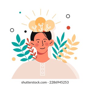Idea in head. Man with light bulbs, tevornian personality, insight and brainstorming. Entrepreneur with ideas for start up and business projects. Cartoon flat vector illustration