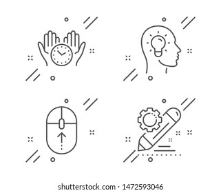 Idea head, Safe time and Swipe up line icons set. Project edit sign. Lightbulb, Hold clock, Scrolling page. Settings. Science set. Line idea head outline icon. Vector