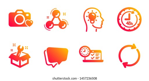 Idea head, Speech bubble and Photo camera line icons set. Chemistry molecule, Spanner and 48 hours signs. Online test, Full rotation symbols. Lightbulb, Chat message. Technology set. Vector