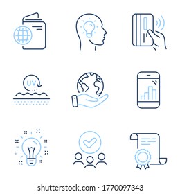 Idea head, Uv protection and Idea line icons set. Diploma certificate, save planet, group of people. Graph phone, Contactless payment and Travel passport signs. Vector