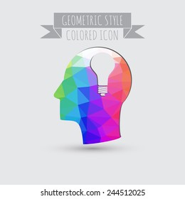 Idea head, Vector Icon head think silhoutte vector man and his mind about  lightbulb sign. character ideas. incandescent lamp . icon of electric light