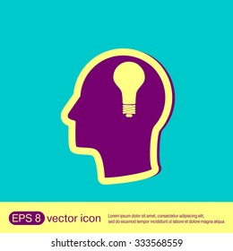 Idea head, Vector Icon head think silhoutte vector man and his mind about  lightbulb sign. character ideas. incandescent lamp . icon of electric light