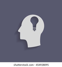 Idea head, Vector Icon head think silhoutte vector man and his mind about  lightbulb sign. character ideas. incandescent lamp . icon of electric light