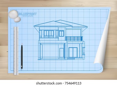 Idea of house on blueprint paper background. Architectural drawing paper on wooden texture background. Vector illustration.