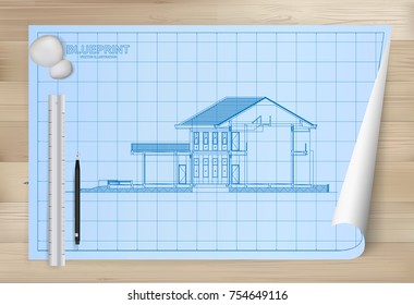 Idea of house on blueprint paper background. Architectural drawing paper on wooden texture background. Vector illustration.