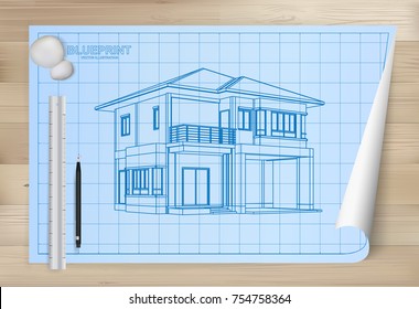 Idea of house on blueprint paper background. Architectural drawing paper on wooden texture background. Vector illustration.
