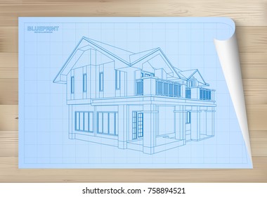Idea of house on blueprint paper. Architectural drawing paper on wooden texture background. Vector illustration.