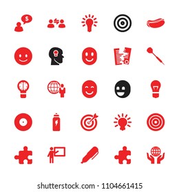 Idea icon. collection of 25 idea filled icons such as teacher, smiling emot, hot dog, light bulb, energetic drink, dart, target, bulb. editable idea icons for web and mobile.