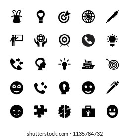 Idea icon. collection of 25 idea filled icons such as plane, target, call, pen, puzzle, smile, teacher, smiling emot, ship, magic hat. editable idea icons for web and mobile.