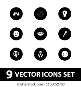 Idea icon. collection of 9 idea filled icons such as pen, smiling emot, bulb, user communication, hot dog, bulb in hand. editable idea icons for web and mobile.