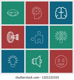 Idea icon. collection of 9 idea outline icons such as brain, lamp, arrows in target, gear in head, smile, puzzle, bulb. editable idea icons for web and mobile.