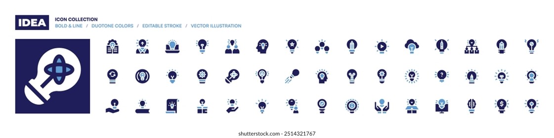 Idea icon collection. Bold style. Duotone colors. idea, light bulb, lightbulb, solution, ideas, no idea, innovation, good idea, knowledge.