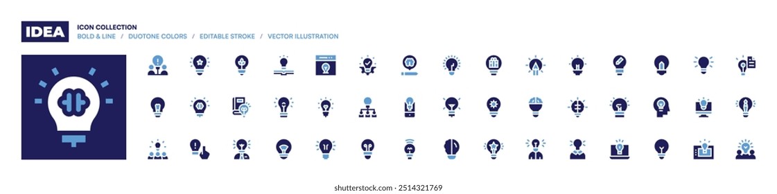 Idea icon collection. Bold style. Duotone colors. idea, intelligence, light bulb, lightbulb, creative team, ideas, creativity, energy, love.