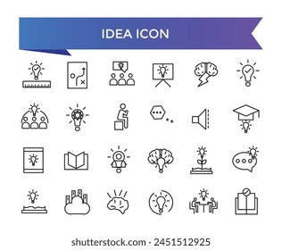 Colección de ícono de idea. Conjunto de iconos de ideas creativas, lluvia de ideas, soluciones, pensamiento e innovación. Bombilla con Ilustración vectorial cerebral.