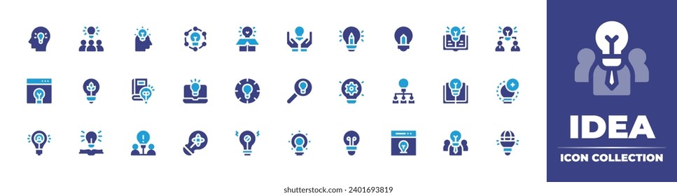 Idea icon collection. Duotone color. Vector and transparent illustration. Containing idea, light bulb, lightbulb, discover, knowledge, laptop, search, book, team, strategic, solution, teamwork, time.