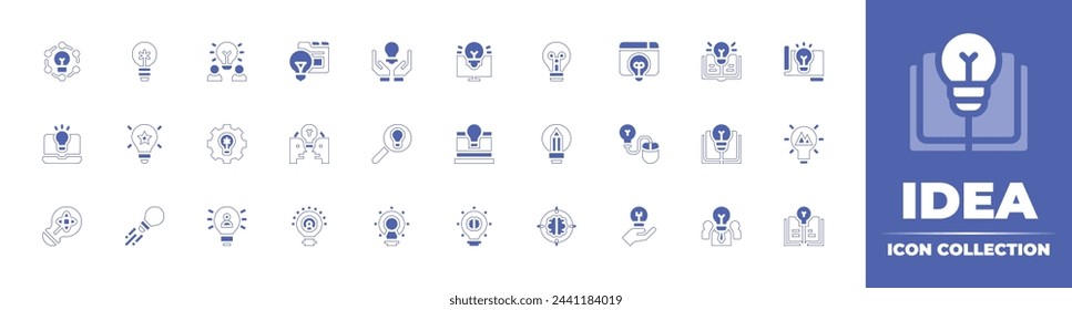 Idea icon collection. Duotone style line stroke and bold. Vector illustration. Containing discover, idea, knowledge, innovation, laptop, search, book, creativity, light bulb, team.