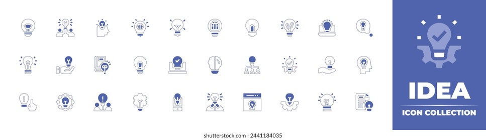 Ideensymbolsammlung. Linienstrich im Duotonstil und fett. Vektorgrafik. Enthaltende Idee, Innovation, Partner, Hauptidee, Lampe, Gründer, Ideen.