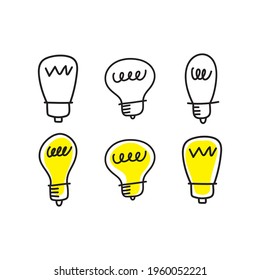 Doodle de icono de Idea. Conjunto de ilustraciones de bombillas. Lámpara eléctrica dibujada a mano.