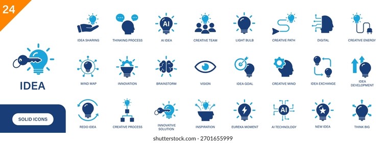 Ideensymbol. Inklusive Glühbirne, Innovation, Denken, kreativen Geist, innovative Lösung. Vollständige Vektorsymbol-Gruppe.