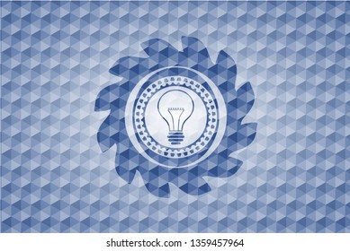 idea icon inside blue emblem or badge with geometric pattern background.