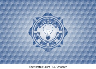 idea icon inside blue emblem with geometric pattern background.