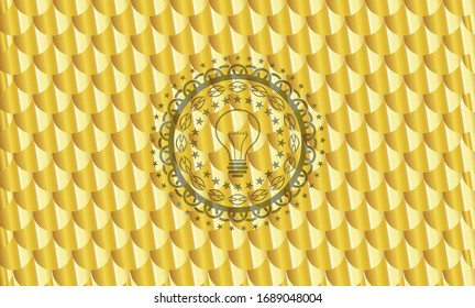 idea icon inside gold emblem or badge. Scales pattern. Vector Illustration. Detailed.