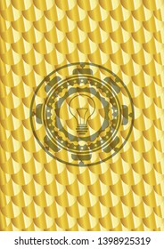 idea icon inside gold shiny emblem. Scales pattern. Vector Illustration. Detailed.