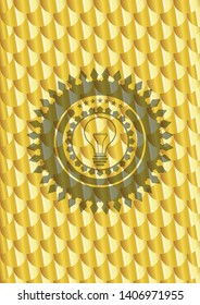 idea icon inside golden emblem or badge. Scales pattern. Vector Illustration. Detailed.