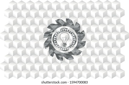 idea icon inside grey badge with geometric cube white background