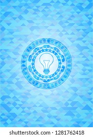 idea icon inside light blue emblem with mosaic ecological style background