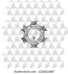 idea icon inside realistic grey emblem with geometric cube white background