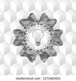 idea icon inside retro style grey emblem with geometric cube white background