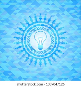 idea icon inside sky blue emblem with triangle mosaic background