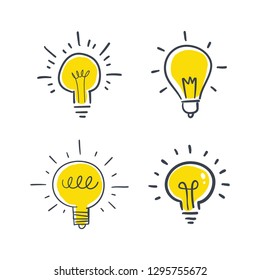 Idea icon, light bulb lamp doodle set