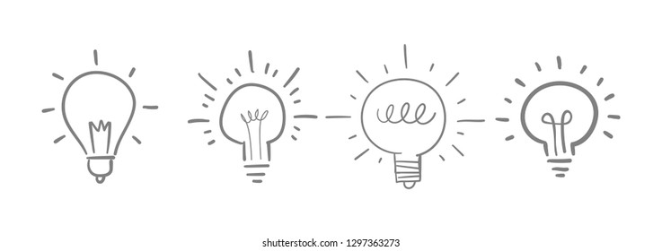 Idea icon, light bulb lamp doodle set