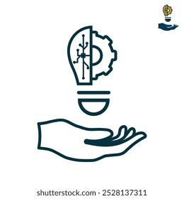 Idea icon. light bulb on hand, business idea. outline design style. strategy, innovation, solution, education logo. vector design template