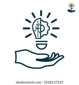 Idea icon. light bulb on hand, business idea. outline design style. strategy, innovation, solution, education logo. vector design template