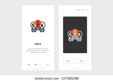 idea icon on a dark and light background. accompanied by layout design for the mobile app. made for payment and economy icon
