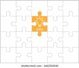 Idea icon on yellow puzzle piece and white puzzle. isolated on white background. lighting electric lamp. last jigsaw complete successful.