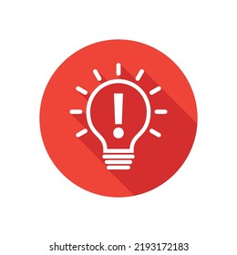 Idea icon, round button in long shadow style on white background.