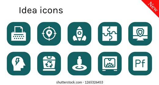  idea icon set. 10 filled idea icons. Simple modern icons about  - Copywriter, Target, Rocket launch, Puzzle, Antivirus, Mind, Trash, d, Portfolio