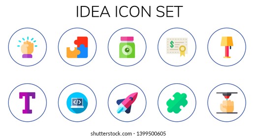 idea icon set. 10 flat idea icons.  Collection Of - motivation, text, puzzle, programming, eyeball, startup, investment, lamp, d