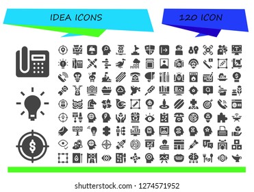  idea icon set. 120 filled idea icons. Simple modern icons about  - Telephone, Target, Light, Design, Keynote, Mind, Wisdom, Goal, Emblem, Send, Idea, Ideas, Drone, Pigeon, Typography