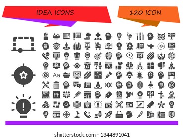 idea icon set. 120 filled idea icons.  Collection Of - Goal, Idea, Target, Salad, Momentum, Telephone, Psychology, Mind, Lightbulb, Flamingo, Web design, Owl, Illumination, Confused