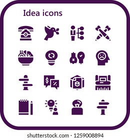  idea icon set. 16 filled idea icons. Simple modern icons about  - Telephone, Dove, Skills, Darts, Salad, Light, Ideas, Mind, Direction, Talk, d, Graphic design, Sketchbook, Idea