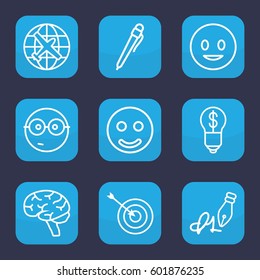 idea icon. Set of 9 outline idea icons such as plane, target, brain, ink pen, smiling emot, nerd emoji, smile, pen