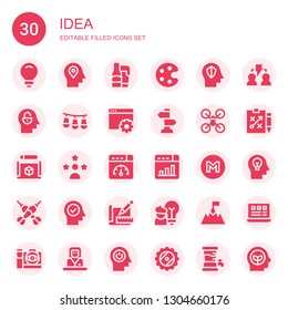 idea icon set. Collection of 30 filled idea icons included Idea, Mind, Beer, Palette, Lights, Web design, Sign Post, Drone, Cube, Influencer, Web optimization, Develop, Mega, Darts